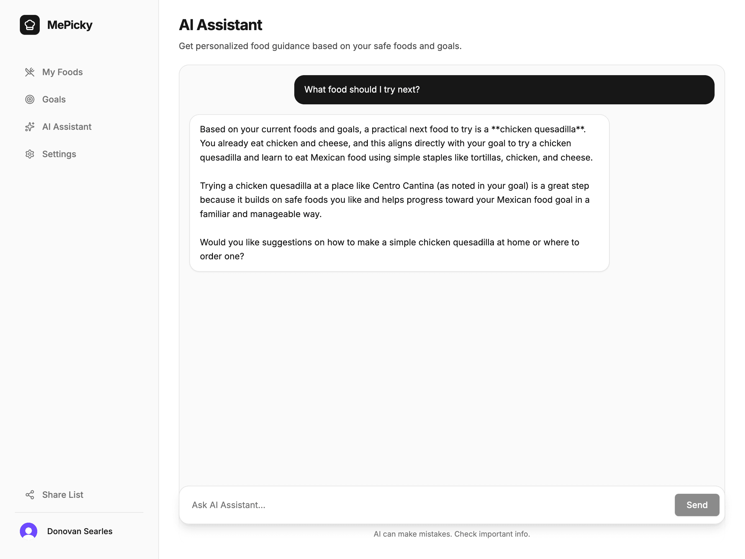 MePicky AI Assistant chat
