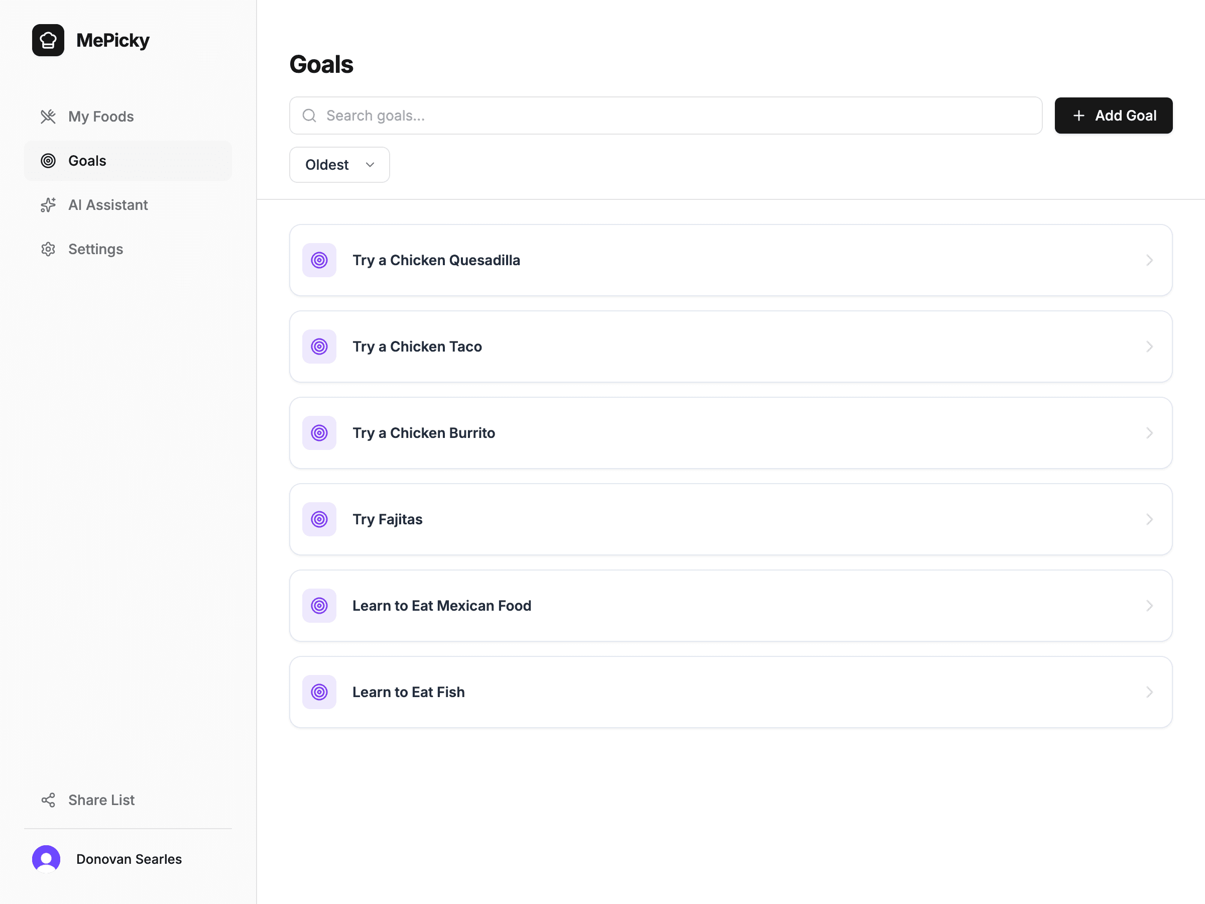 MePicky goals list preview