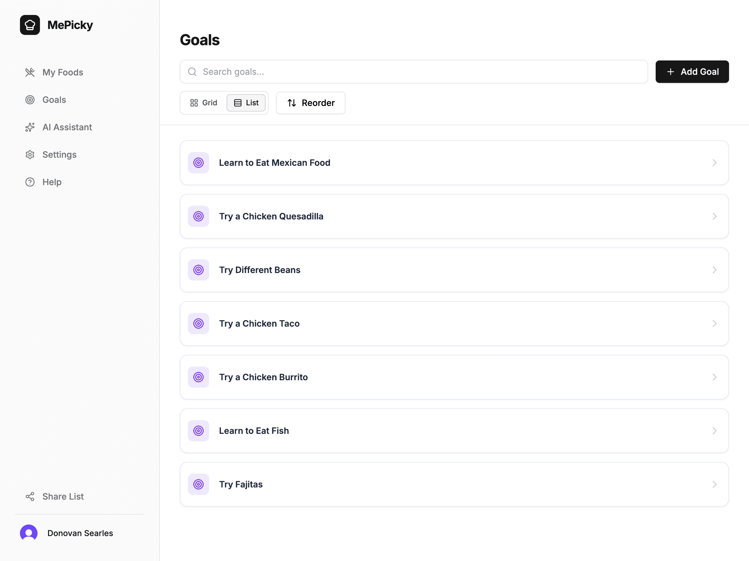 MePicky goals list preview